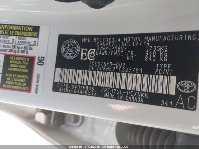 12660610 :رقم المزاد ، 2T1BURHE2FC327791 vin ، 2015 Toyota Corolla L/le/le Pls/prm/s/s Pls مزاد بيع