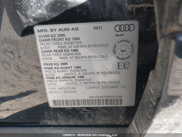 12660614 :رقم المزاد ، WA1E2AFY9N2017260 vin ، 2022 Audi Q5 E 55 Progressiv مزاد بيع