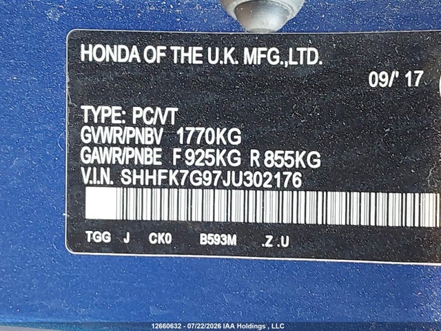 12660632 :رقم المزاد ، SHHFK7G97JU302176 vin ، 2018 Honda Civic Sport Touring مزاد بيع
