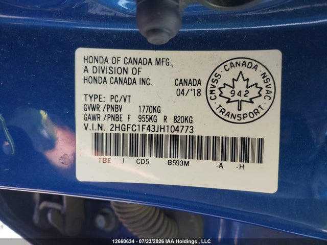2HGFC1F43JH104773 Honda CIVIC EX