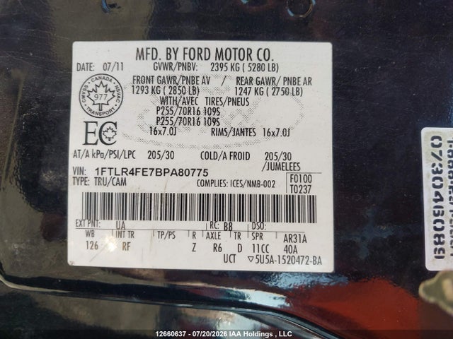 2011 Ford Ranger Sport მანქანა იყიდება აუქციონზე, vin: 1FTLR4FE7BPA80775, აუქციონის ნომერი: 12660637