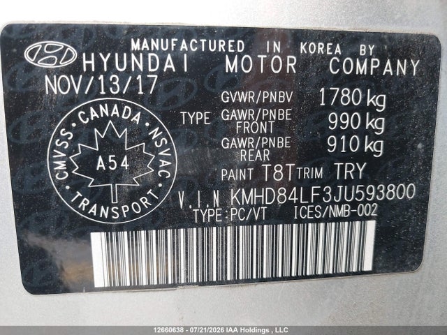 2018 Hyundai Elantra მანქანა იყიდება აუქციონზე, vin: KMHD84LF3JU593800, აუქციონის ნომერი: 12660638