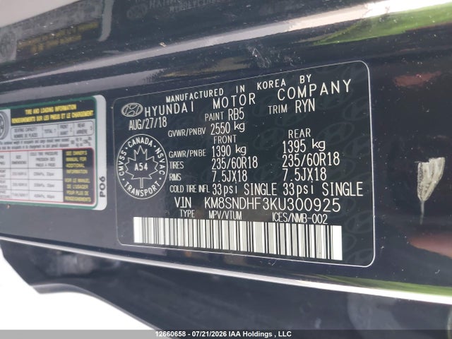 2019 Hyundai Santa Fe Xl Preferred მანქანა იყიდება აუქციონზე, vin: KM8SNDHF3KU300925, აუქციონის ნომერი: 12660658