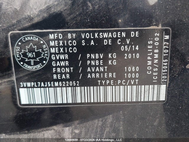 12660659 :رقم المزاد ، 3VWPL7AJ5EM622052 vin ، 2014 Volkswagen Golf 2.0 Tdi Comfortline/2.0 Tdi Highline/2.0 Tdi Trendline/2.0 Tdi Wolfsburg Edition مزاد بيع