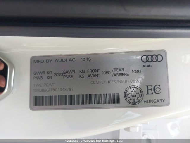 12660660 :رقم المزاد ، WAUB8GFF8G1043797 vin ، 2016 Audi A3 2.0t Komfort مزاد بيع