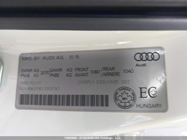 12660660 :رقم المزاد ، WAUB8GFF8G1043797 vin ، 2016 Audi A3 2.0t Komfort مزاد بيع