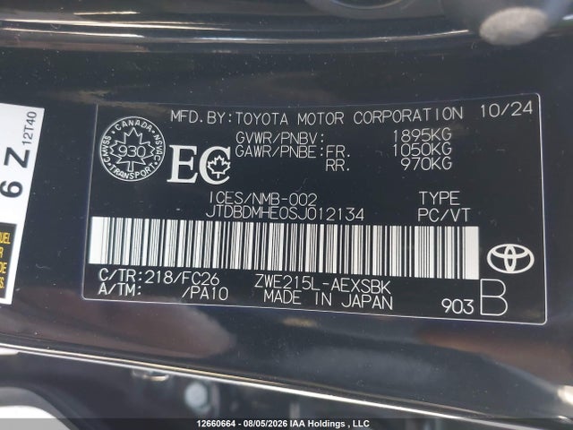 12660664 :رقم المزاد ، JTDBDMHE0SJ012134 vin ، 2025 Toyota Corolla Hybrid مزاد بيع