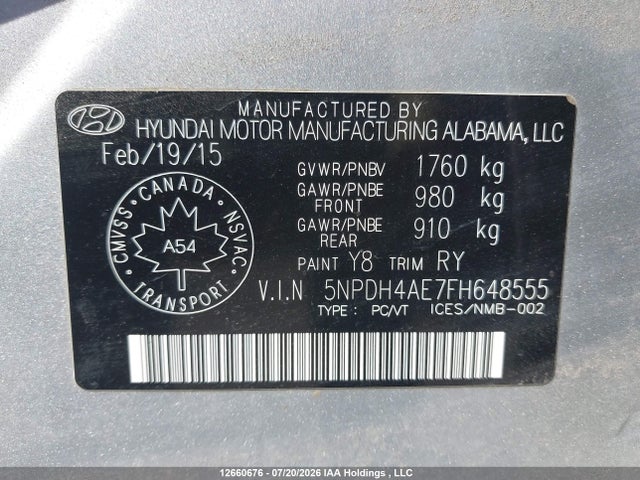 Aukcja sprzedaży 2015 Hyundai Elantra Se/sport/limited, vin: 5NPDH4AE7FH648555, numer aukcji: 12660676