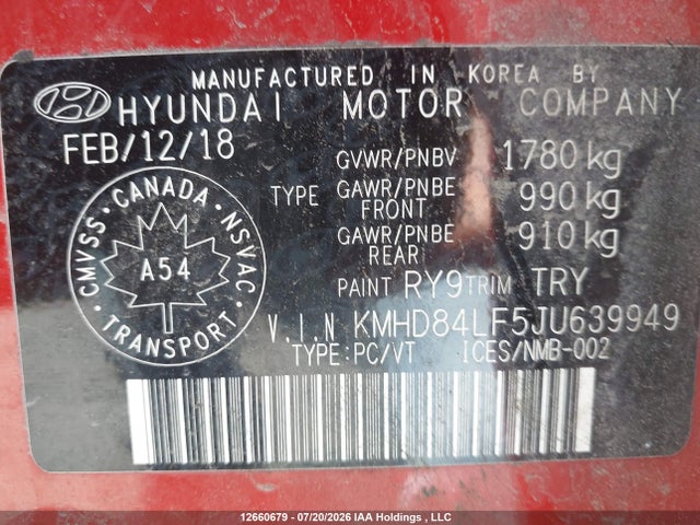 12660679 :رقم المزاد ، KMHD84LF5JU639949 vin ، 2018 Hyundai Elantra Gl مزاد بيع