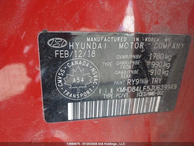 12660679 :رقم المزاد ، KMHD84LF5JU639949 vin ، 2018 Hyundai Elantra Gl مزاد بيع