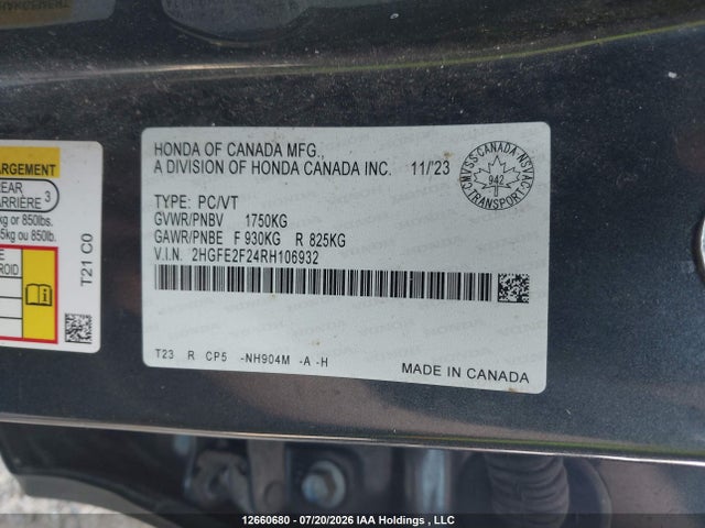 Aukcja sprzedaży 2024 Honda Civic, vin: 2HGFE2F24RH106932, numer aukcji: 12660680
