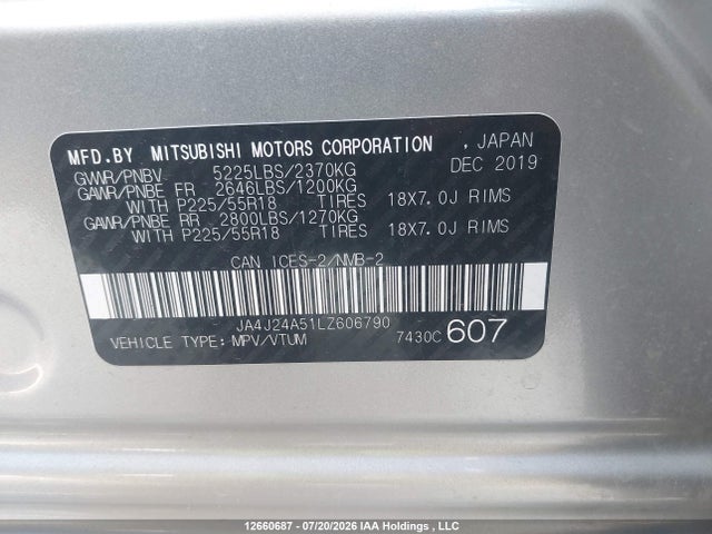 2020 Mitsubishi Outlander Sel/gt/fe მანქანა იყიდება აუქციონზე, vin: JA4J24A51LZ606790, აუქციონის ნომერი: 12660687