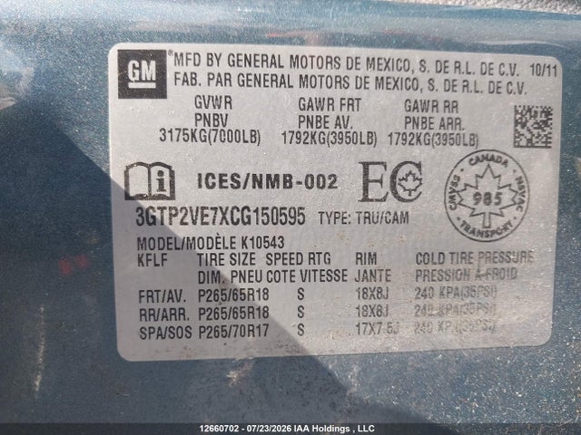 Aukcja sprzedaży 2012 Gmc Sierra 1500 Sle, vin: 3GTP2VE7XCG150595, numer aukcji: 12660702