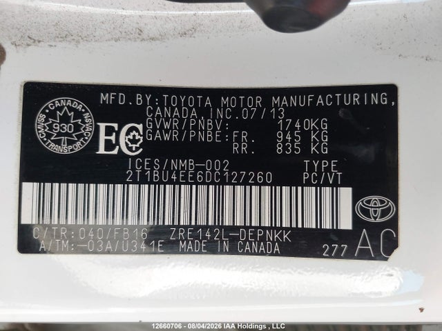 2013 Toyota Corolla Le მანქანა იყიდება აუქციონზე, vin: 2T1BU4EE6DC127260, აუქციონის ნომერი: 12660706