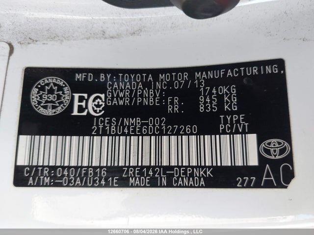 2013 Toyota Corolla Le მანქანა იყიდება აუქციონზე, vin: 2T1BU4EE6DC127260, აუქციონის ნომერი: 12660706