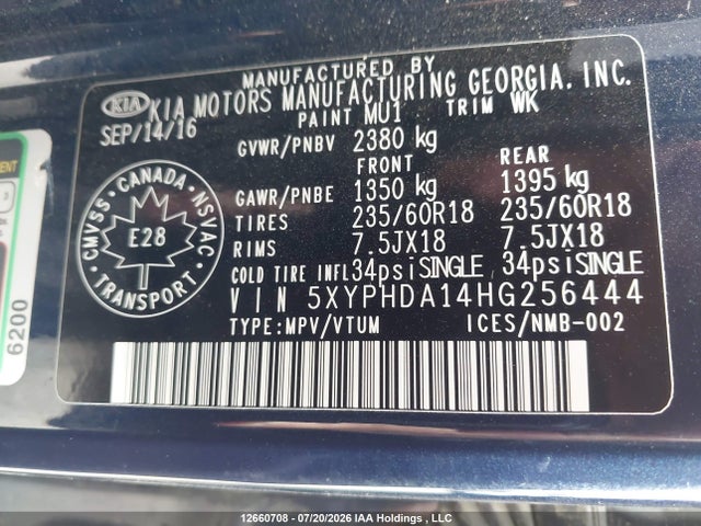 Aukcja sprzedaży 2017 Kia Sorento Ex, vin: 5XYPHDA14HG256444, numer aukcji: 12660708