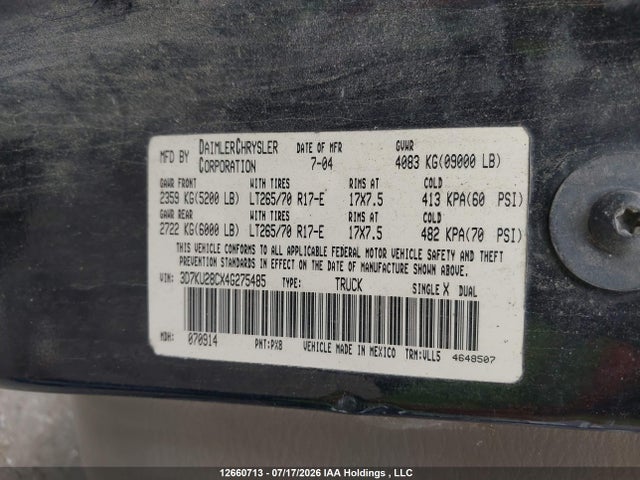 Продажа на аукционе авто 2004 Dodge Ram 2500 St/slt, vin: 3D7KU28CX4G275485, номер лота: 12660713