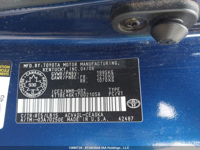 Продаж на аукціоні авто 2007 Toyota Camry Ce/le/xle/se, vin: 4T1BE46K17U021058, номер лоту: 12660728