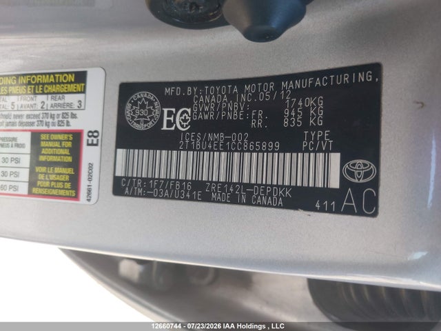 2012 Toyota Corolla S/le მანქანა იყიდება აუქციონზე, vin: 2T1BU4EE1CC865899, აუქციონის ნომერი: 12660744