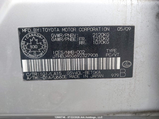 2009 Lexus Es 350 350 მანქანა იყიდება აუქციონზე, vin: JTHBJ46G692327908, აუქციონის ნომერი: 12660746