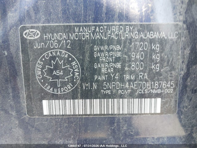 Aukcja sprzedaży 2013 Hyundai Elantra, vin: 5NPDH4AE7DH187645, numer aukcji: 12660747