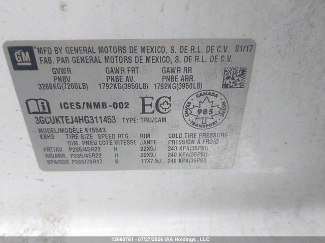 Продаж на аукціоні авто 2017 Chevrolet Silverado K1500 High Country, vin: 3GCUKTEJ4HG311453, номер лоту: 12660761