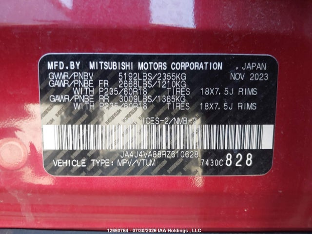 Auction sale of the 2024 Mitsubishi Outlander Le/se/sel, vin: JA4J4VA88RZ610628, lot number: 12660764