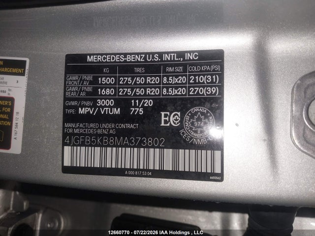 Aukcja sprzedaży 2021 Mercedes-benz Gle 450 4matic, vin: 4JGFB5KB8MA373802, numer aukcji: 12660770