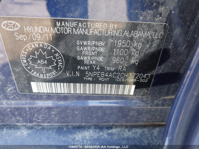 12660774 :رقم المزاد ، 5NPEB4AC2CH372043 vin ، 2012 Hyundai Sonata Gls مزاد بيع