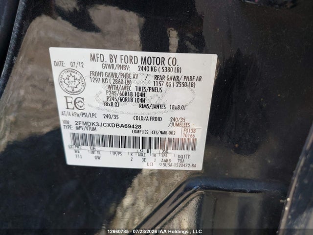 12660785 :رقم المزاد ، 2FMDK3JCXDBA69428 vin ، 2013 Ford Edge Sel مزاد بيع