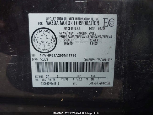 2009 Mazda 6 I მანქანა იყიდება აუქციონზე, vin: 1YVHP81A295M17716, აუქციონის ნომერი: 12660787