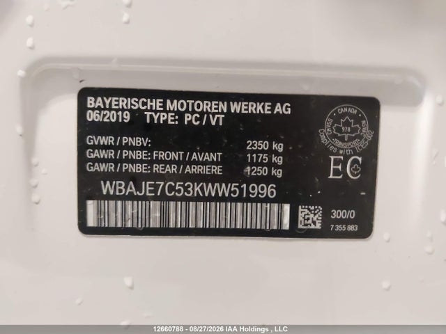 Продажа на аукционе авто 2019 Bmw 540i Xdrive, vin: WBAJE7C53KWW51996, номер лота: 12660788