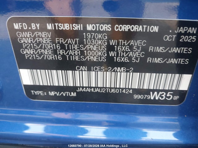 2026 Mitsubishi Rvr მანქანა იყიდება აუქციონზე, vin: JA4AHUAU2TU601424, აუქციონის ნომერი: 12660790
