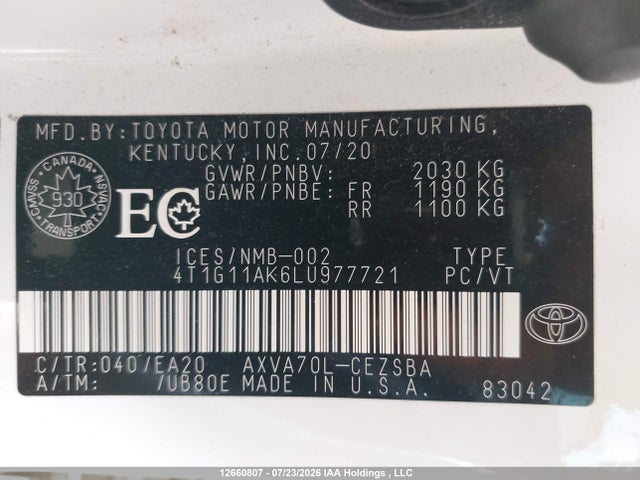 Продажа на аукционе авто 2020 Toyota Camry Se/se Night Shade, vin: 4T1G11AK6LU977721, номер лота: 12660807