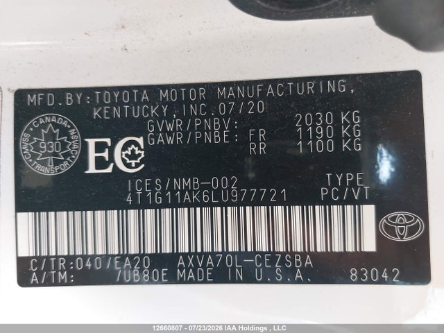 Продажа на аукционе авто 2020 Toyota Camry Se/se Night Shade, vin: 4T1G11AK6LU977721, номер лота: 12660807
