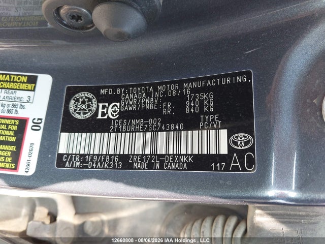 2016 Toyota Corolla L/le/le Pls/prm/s/s Pls მანქანა იყიდება აუქციონზე, vin: 2T1BURHE7GC743840, აუქციონის ნომერი: 12660808