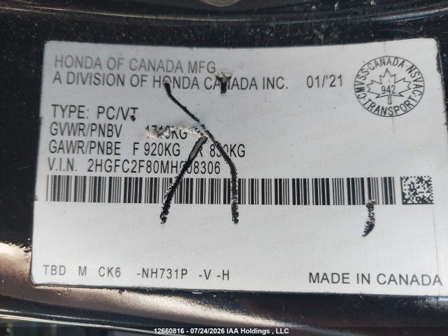 2021 Honda Civic Sport მანქანა იყიდება აუქციონზე, vin: 2HGFC2F80MH008306, აუქციონის ნომერი: 12660816