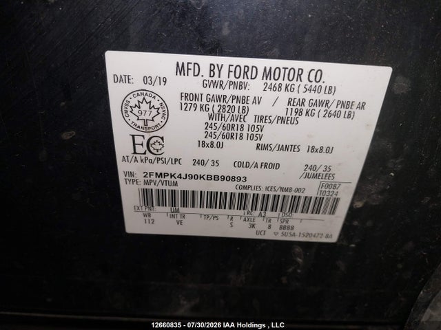 Ford EDGE SEL 2019 2FMPK4J90KBB90893 Image 19
