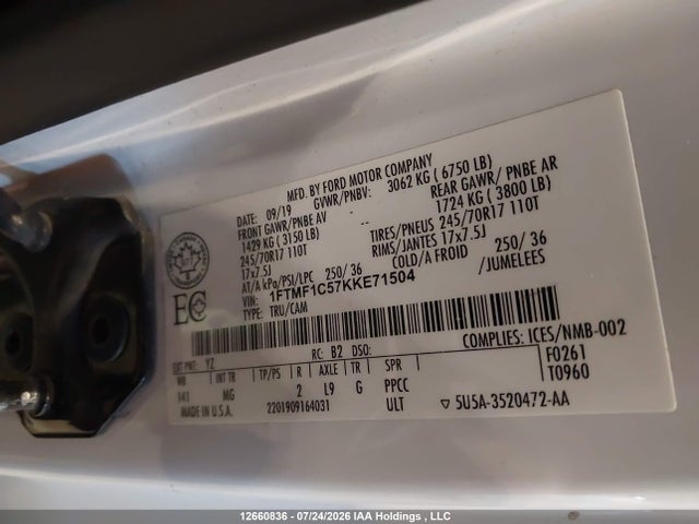 2019 Ford F-150 მანქანა იყიდება აუქციონზე, vin: 1FTMF1C57KKE71504, აუქციონის ნომერი: 12660836