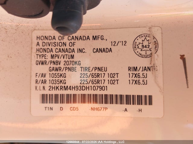 2013 Honda Cr-v Touring მანქანა იყიდება აუქციონზე, vin: 2HKRM4H93DH107901, აუქციონის ნომერი: 12660844