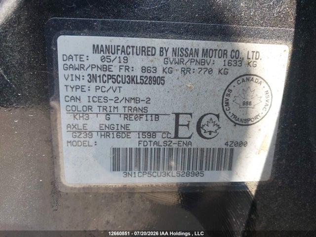 Продажа на аукционе авто 2019 Nissan Kicks S/sr/sv, vin: 3N1CP5CU3KL528905, номер лота: 12660851