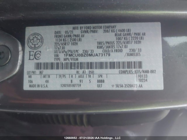 Ford ESCAPE SE 2021 1FMCU0BZ0MUA73179 Image 9