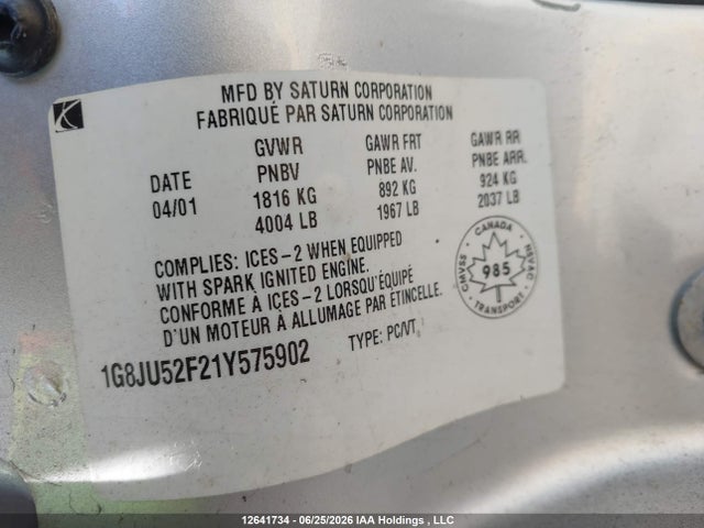 Aukcja sprzedaży 2001 Saturn L200 Sport, vin: 1G8JU52F21Y575902, numer aukcji: 12641734