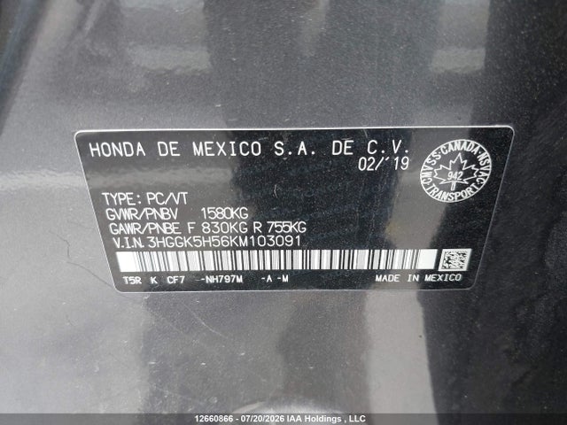 12660866 :رقم المزاد ، 3HGGK5H56KM103091 vin ، 2019 Honda Fit مزاد بيع