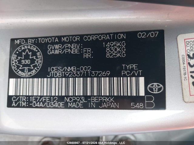 12660867 :رقم المزاد ، JTDBT923371137269 vin ، 2007 Toyota Yaris مزاد بيع