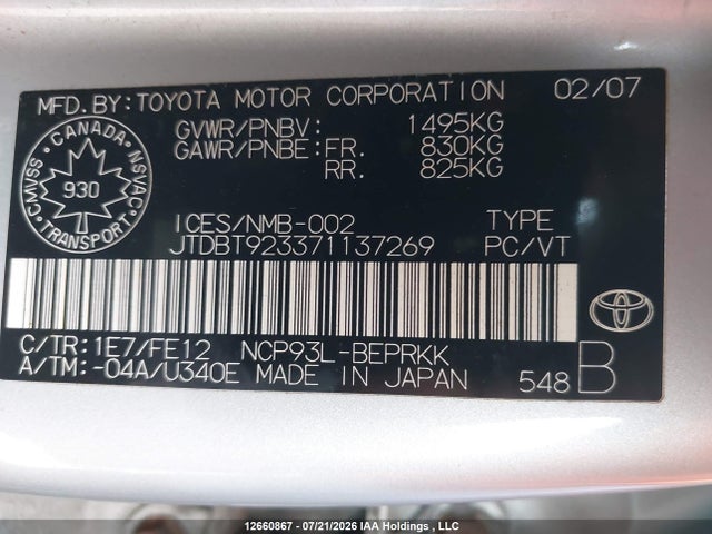 12660867 :رقم المزاد ، JTDBT923371137269 vin ، 2007 Toyota Yaris مزاد بيع