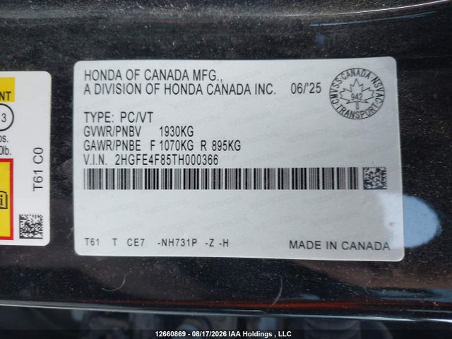 2HGFE4F85TH000366 Honda Civic Sport Hybrid/sport Touring Hybrid