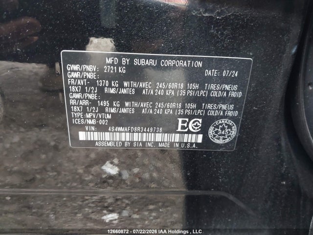 Auction sale of the 2024 Subaru Ascent Touring, vin: 4S4WMAFD8R3449738, lot number: 12660872