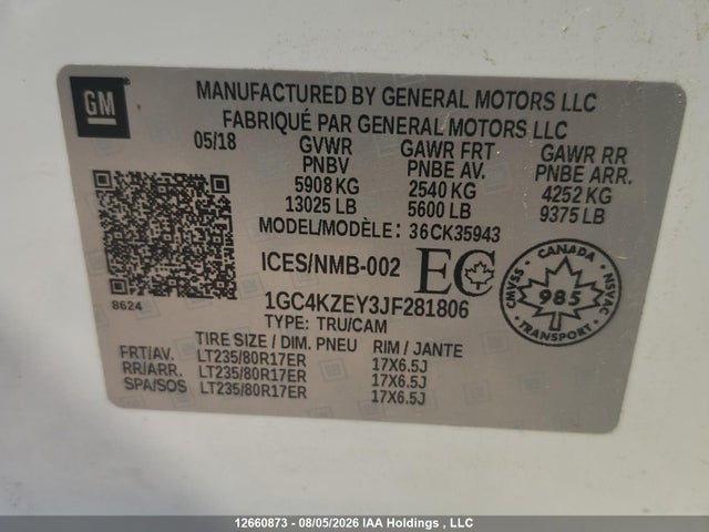 1GC4KZEY3JF281806 Chevrolet Silverado K3500 Lt