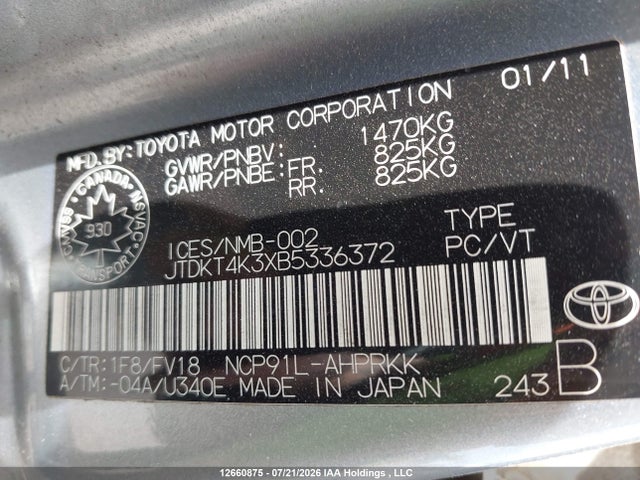 2011 Toyota Yaris Le მანქანა იყიდება აუქციონზე, vin: JTDKT4K3XB5336372, აუქციონის ნომერი: 12660875